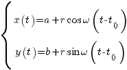 delim{lbrace}{matrix{2}{1}{{x(t) = a + r cos omega (t - t_0)} {y(t) = b + r sin omega (t - t_0)}}}{~}